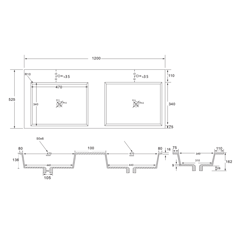 Wonda Square Slim Wastafel – Dubbel – Kunstmarmer