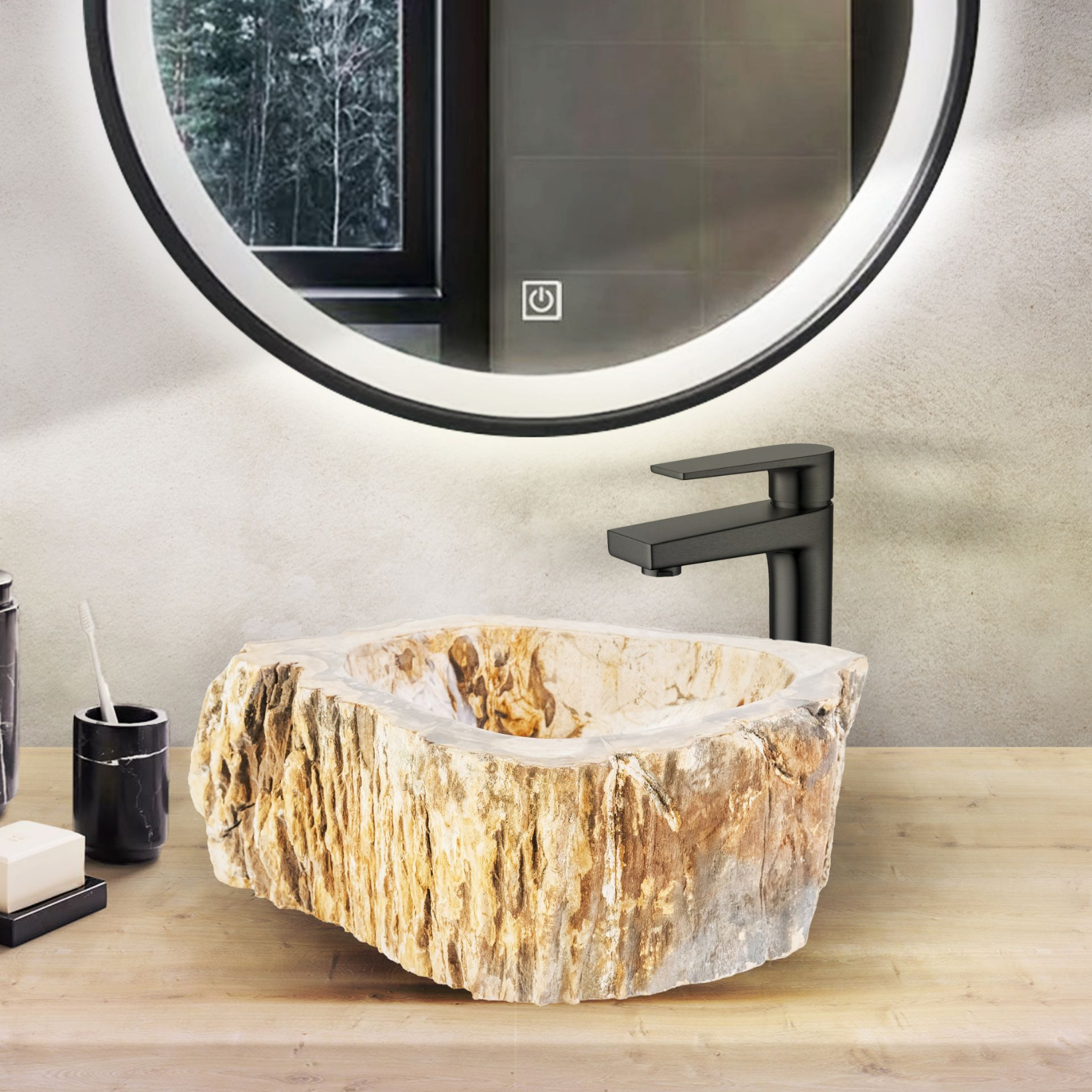 ALONI Waskom Fossiel Hout – Natuursteen