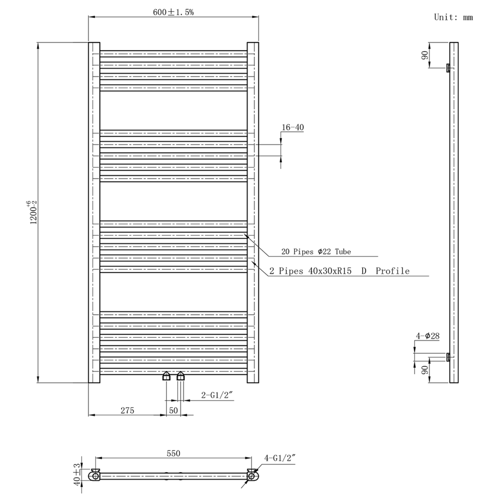 BELRAD Badkamer Radiator Gunmetal Grijs – Middenaansluiting