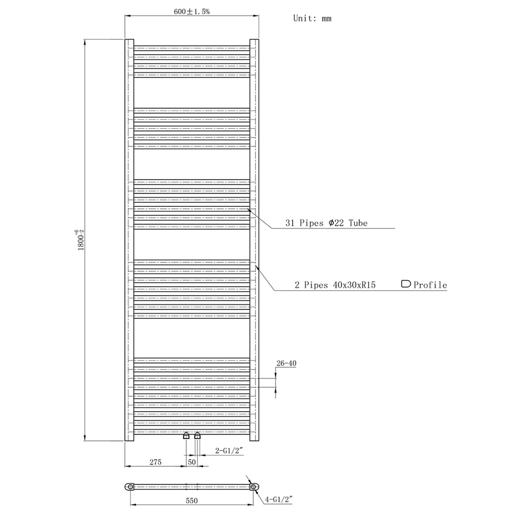 BELRAD Badkamer Radiator Mat Wit Geborsteld – Middenaansluiting