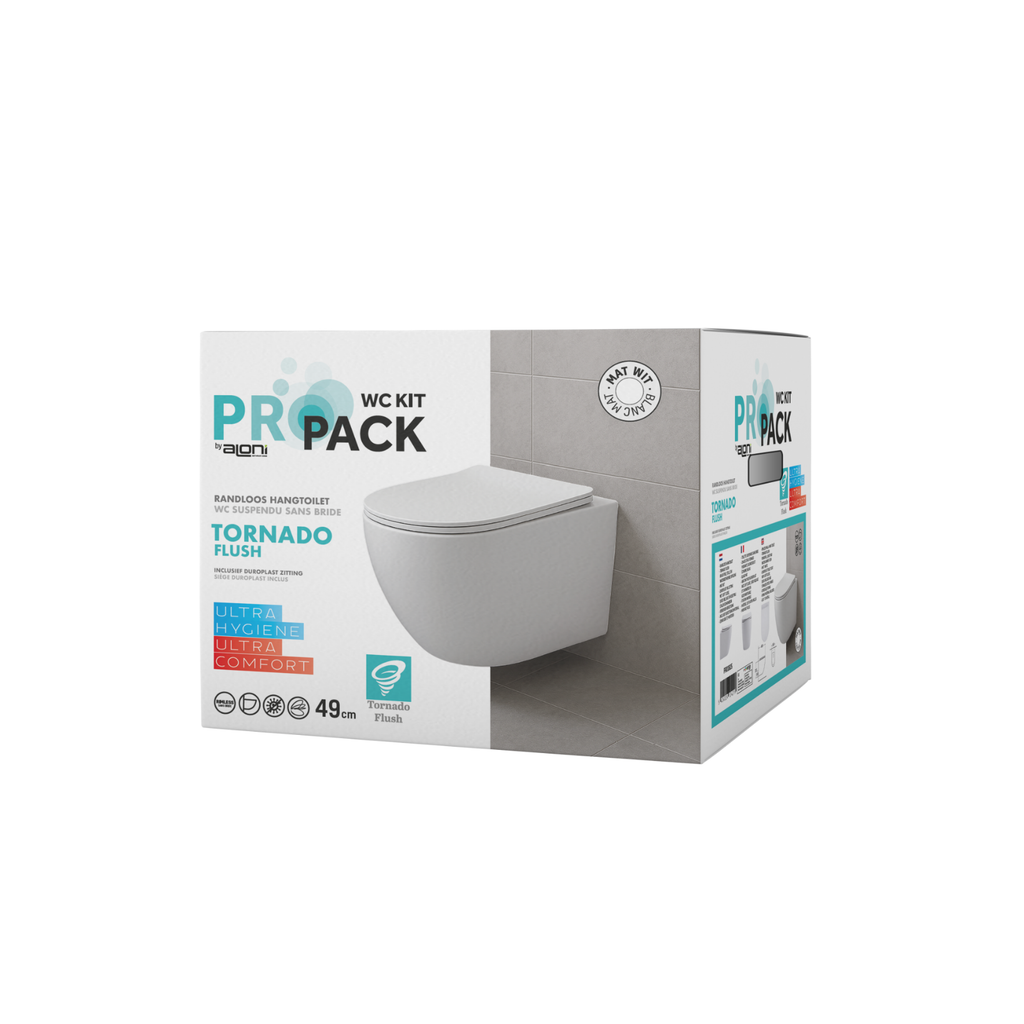 Aloni Pro hangtoilet / ophang WC – tornado flush – randloos – met zitting – compact 49 cm