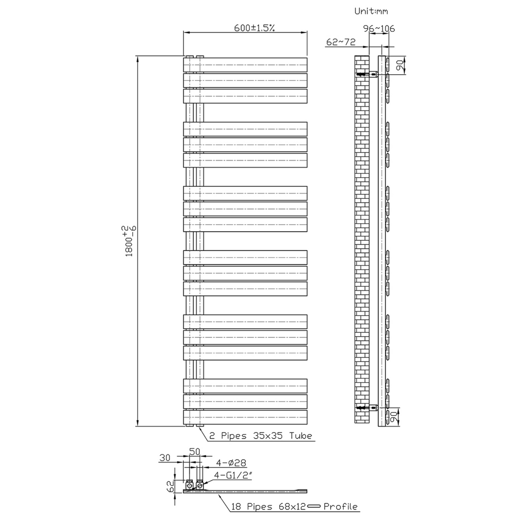 BELRAD Badkamer Radiator Mat Zwart – Linkeraansluiting/Combi