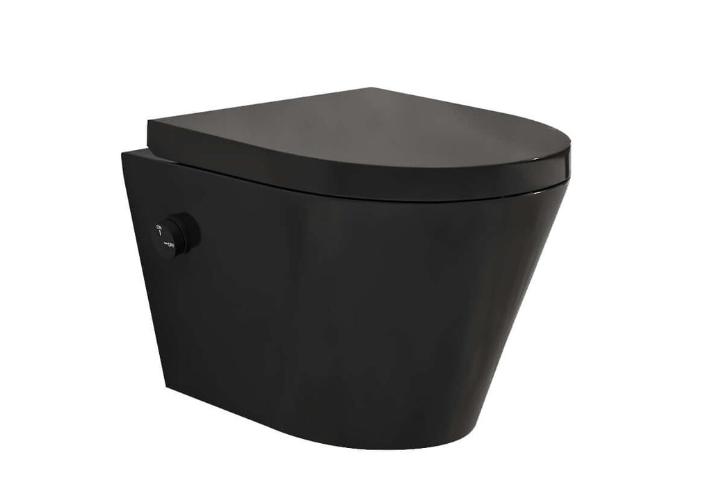Vesta wandcloset rimless met bidetkraan koud water met Vesta toiletzitting mat zwart