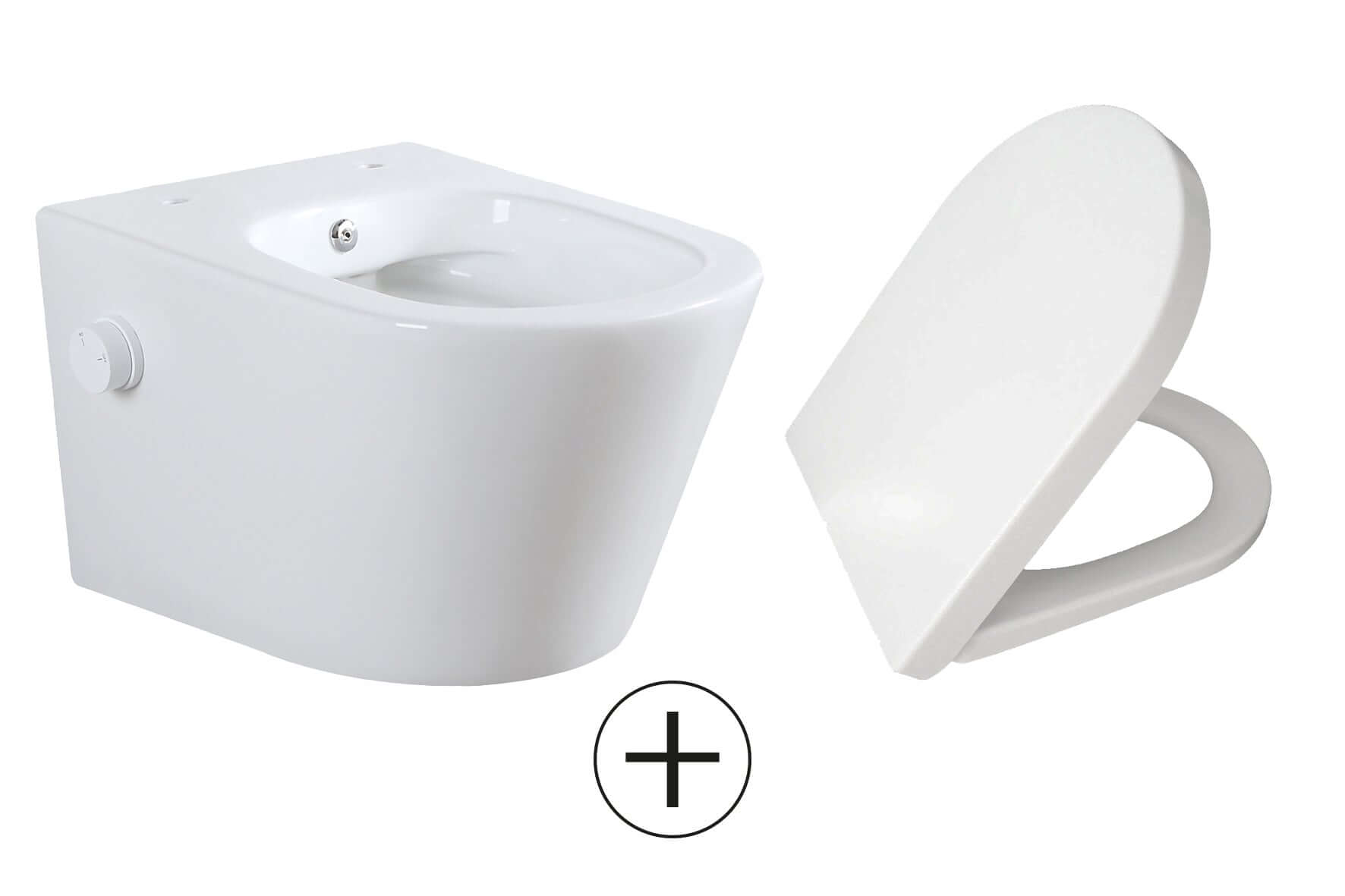 Vesta wandcloset rimless met bidetkraan koud water met Vesta toiletzitting mat wit Secundaire afbeelding