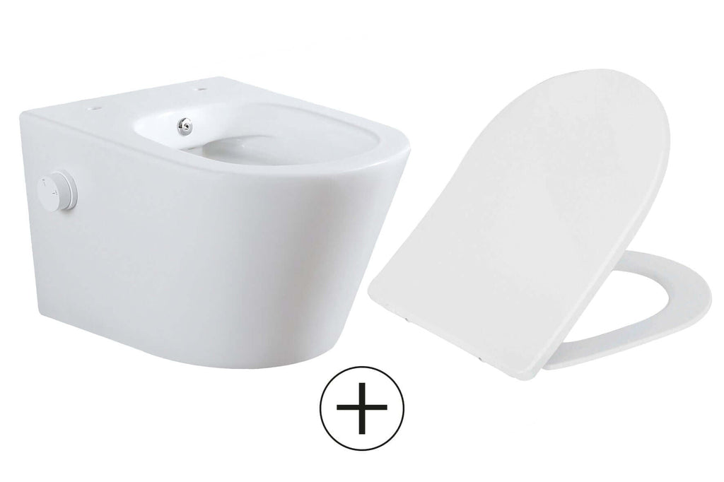 Vesta wandcloset rimless met bidetkraan koud water met Shade slim toiletzitting mat wit