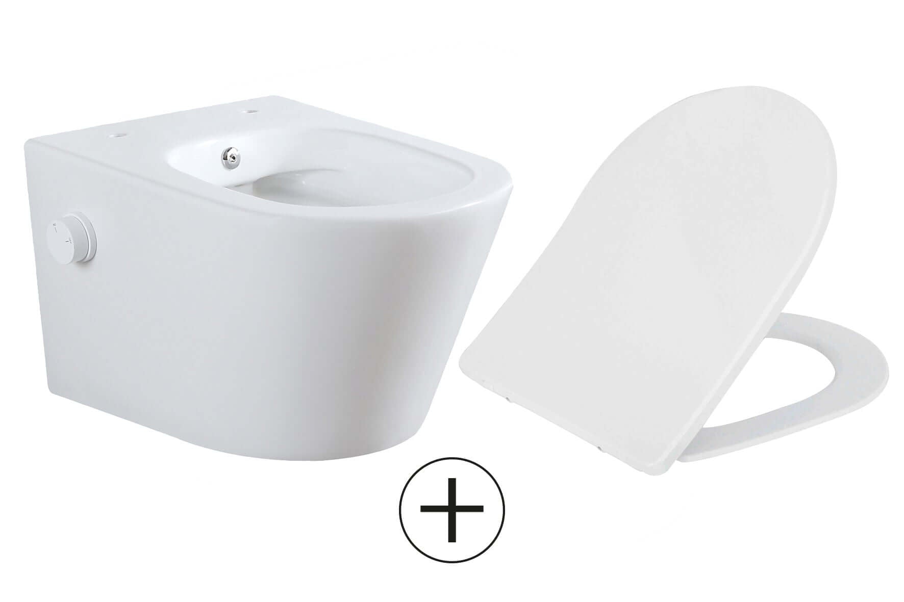 Vesta wandcloset rimless met bidetkraan koud water met Shade slim toiletzitting mat wit
