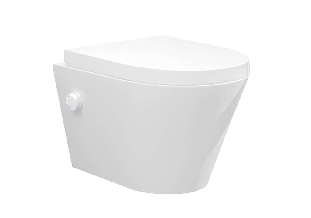 Vesta wandcloset rimless met bidetkraan warm koud water met Vesta toiletzitting glans wit