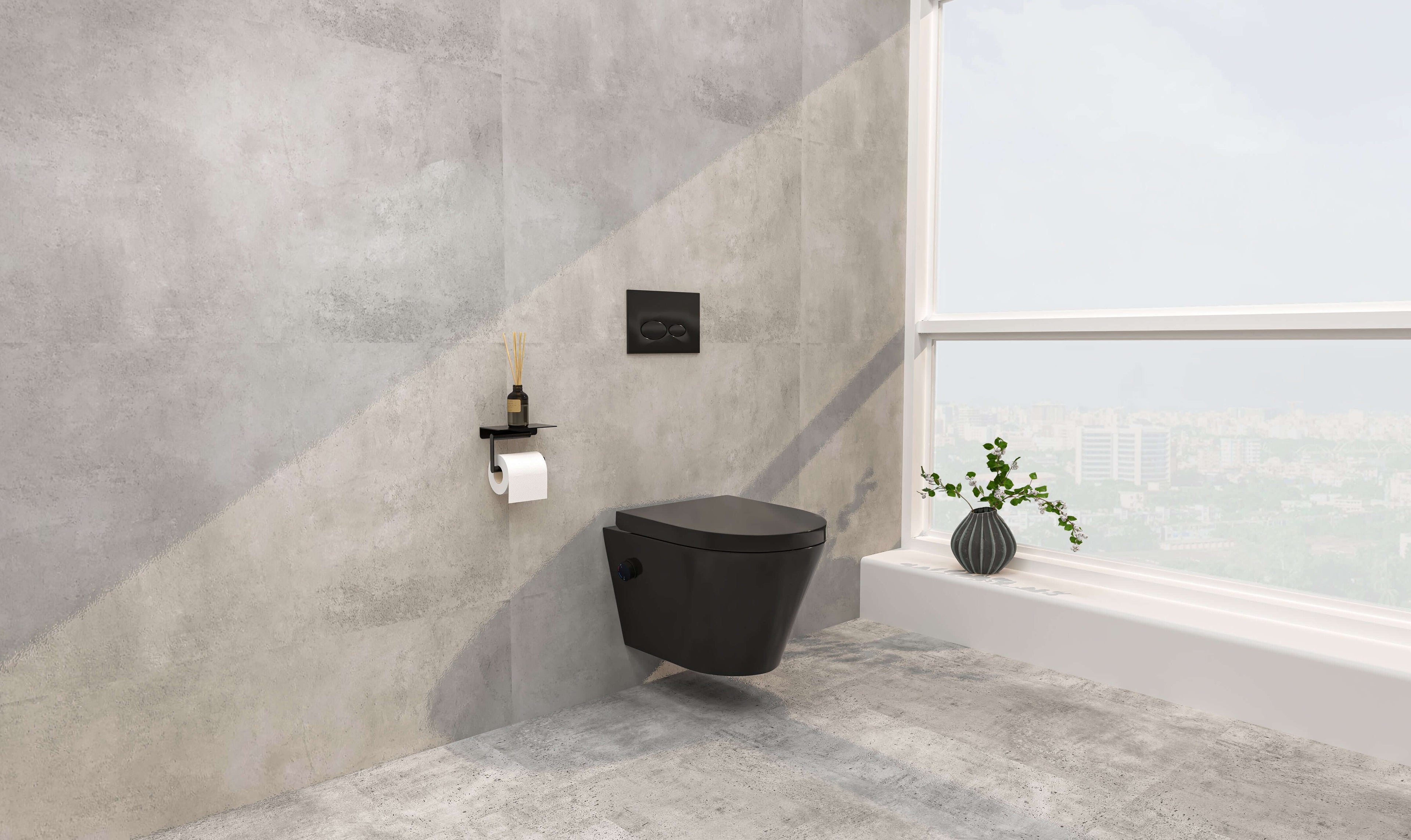 Vesta wandcloset rimless met bidetkraan warm koud water met Vesta toiletzitting mat zwart