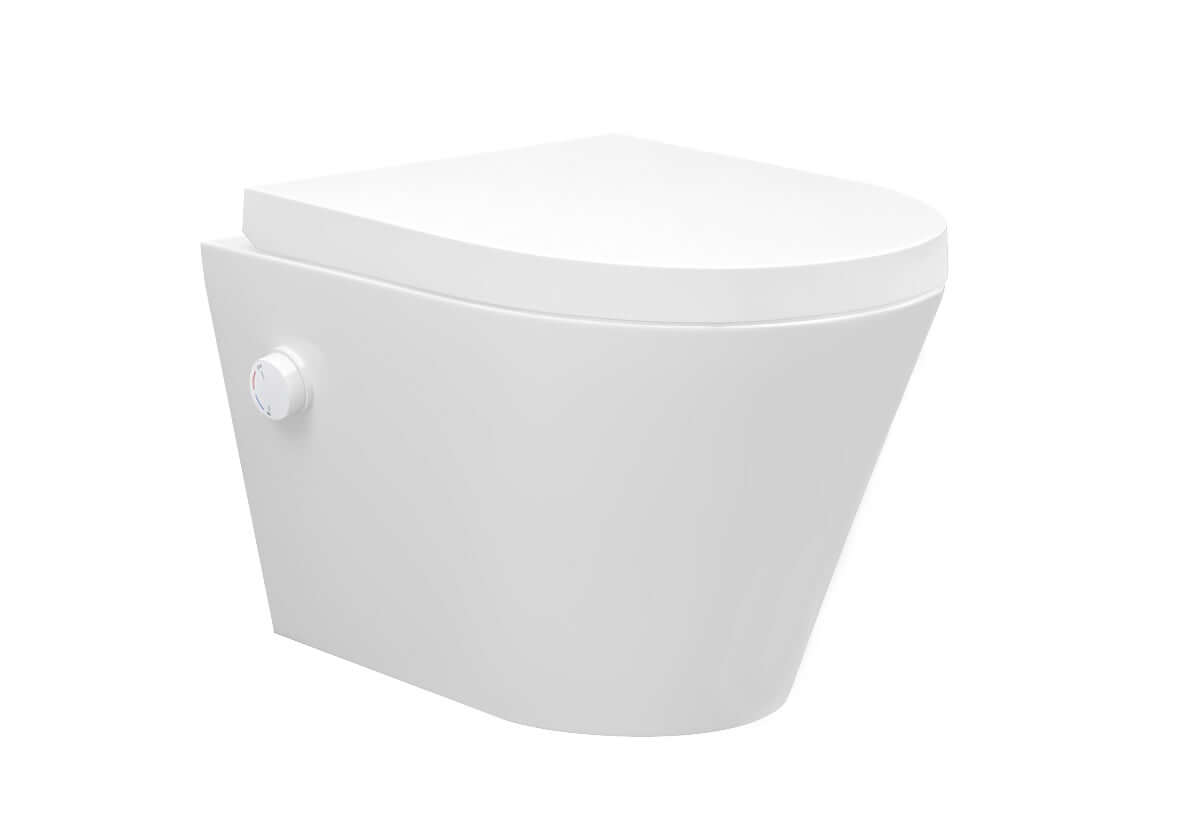 Vesta wandcloset rimless met bidetkraan warm koud water met Vesta toiletzitting mat wit Hoofdafbeelding