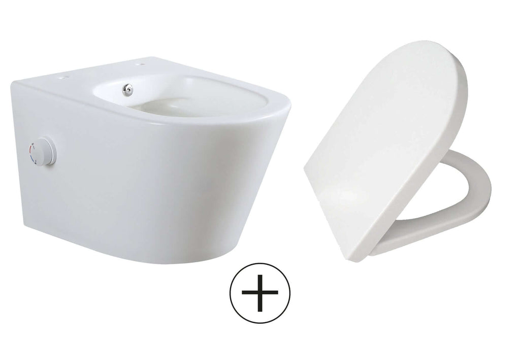 Vesta wandcloset rimless met bidetkraan warm koud water met Vesta toiletzitting mat wit