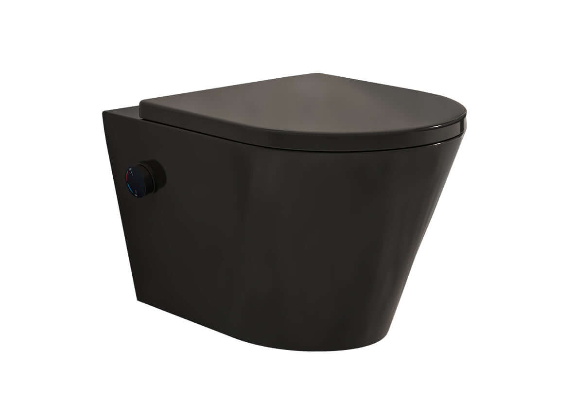 Vesta wandcloset rimless met bidetkraan warm koud water met Shade slim toiletzitting mat zwart Hoofdafbeelding