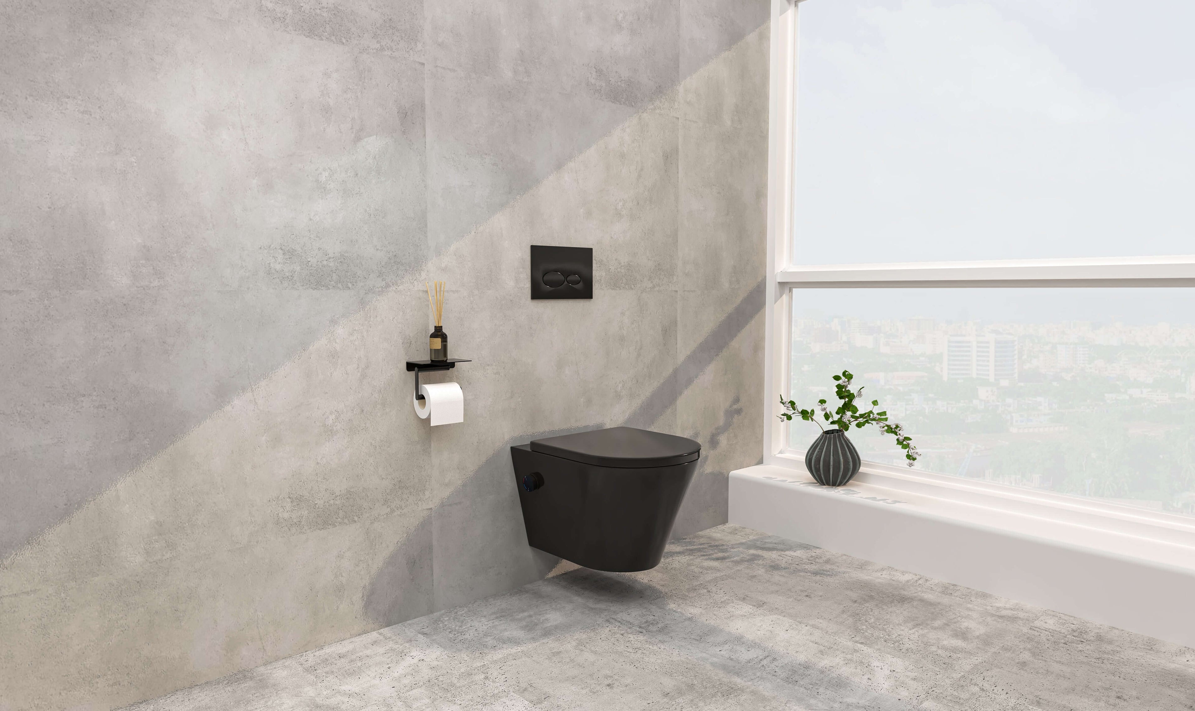 Vesta wandcloset rimless met bidetkraan warm koud water met Shade slim toiletzitting mat zwart