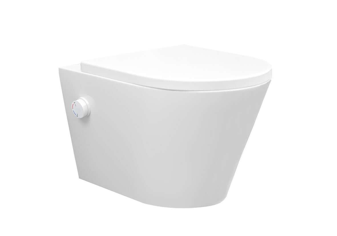Vesta wandcloset rimless met bidetkraan warm koud water met Shade slim toiletzitting mat wit Hoofdafbeelding