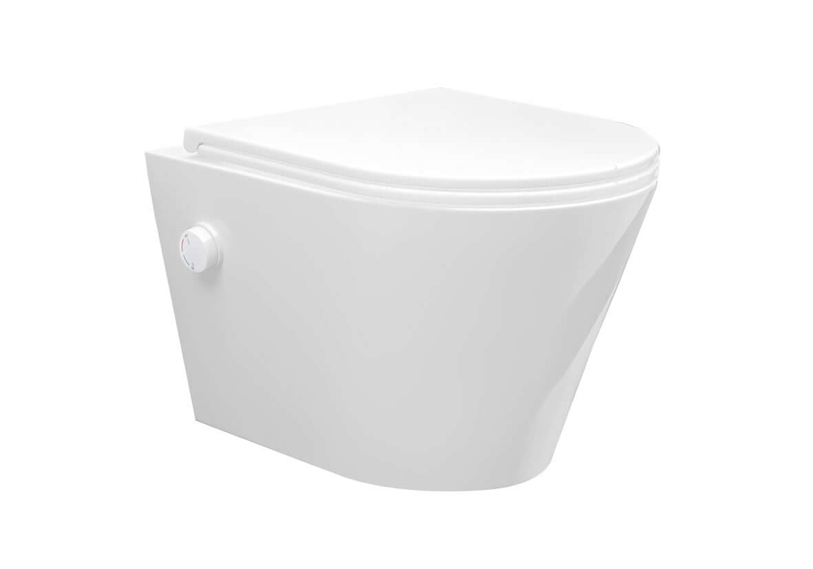 Vesta wandcloset rimless met bidetkraan warm koud water met Flatline toiletzitting glans wit Hoofdafbeelding