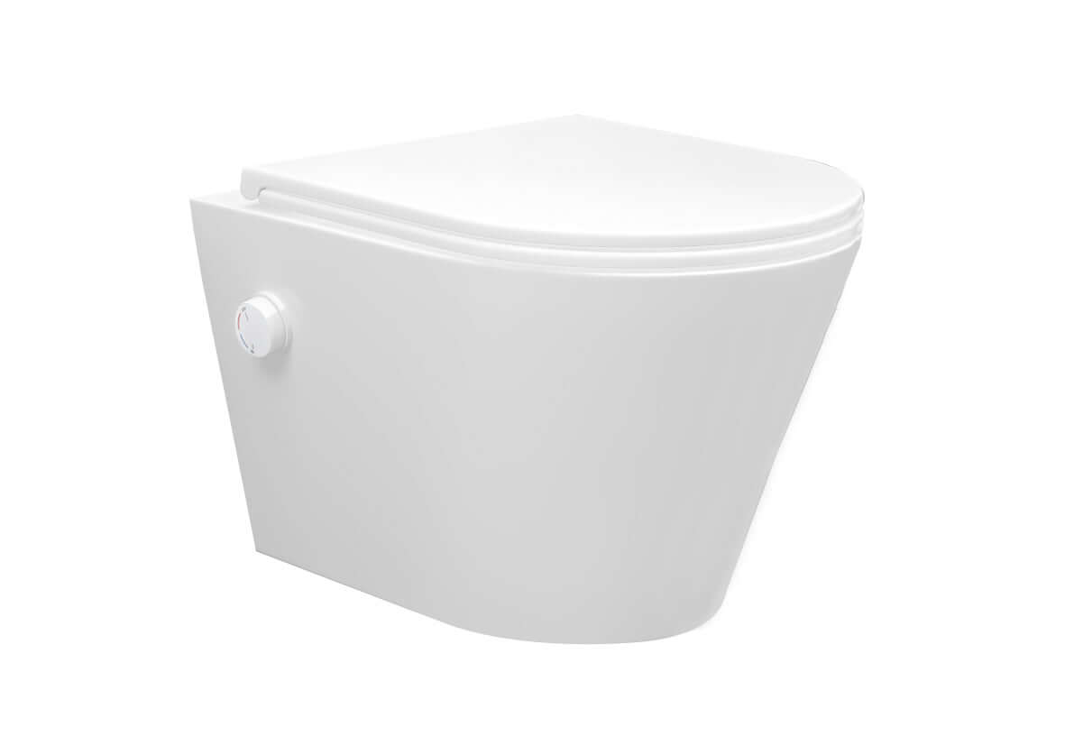 Vesta wandcloset rimless met bidetkraan warm koud water met Flatline toiletzitting mat wit Hoofdafbeelding