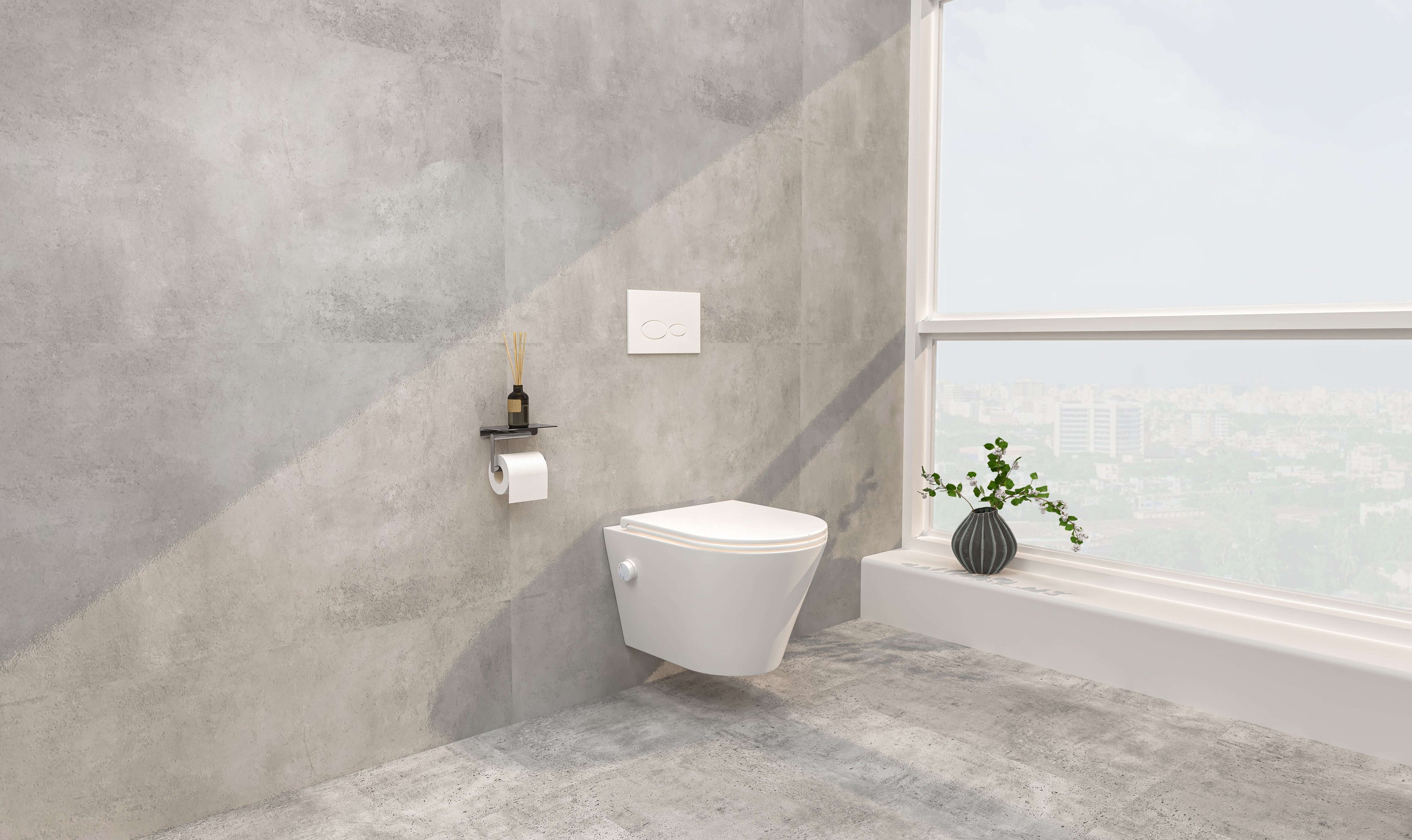 Vesta wandcloset rimless met bidetkraan warm koud water met Flatline toiletzitting mat wit