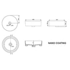 Technische tekening van de Link Design Ronde Wastafel Wiesbaden maatvoering en nano coating details.