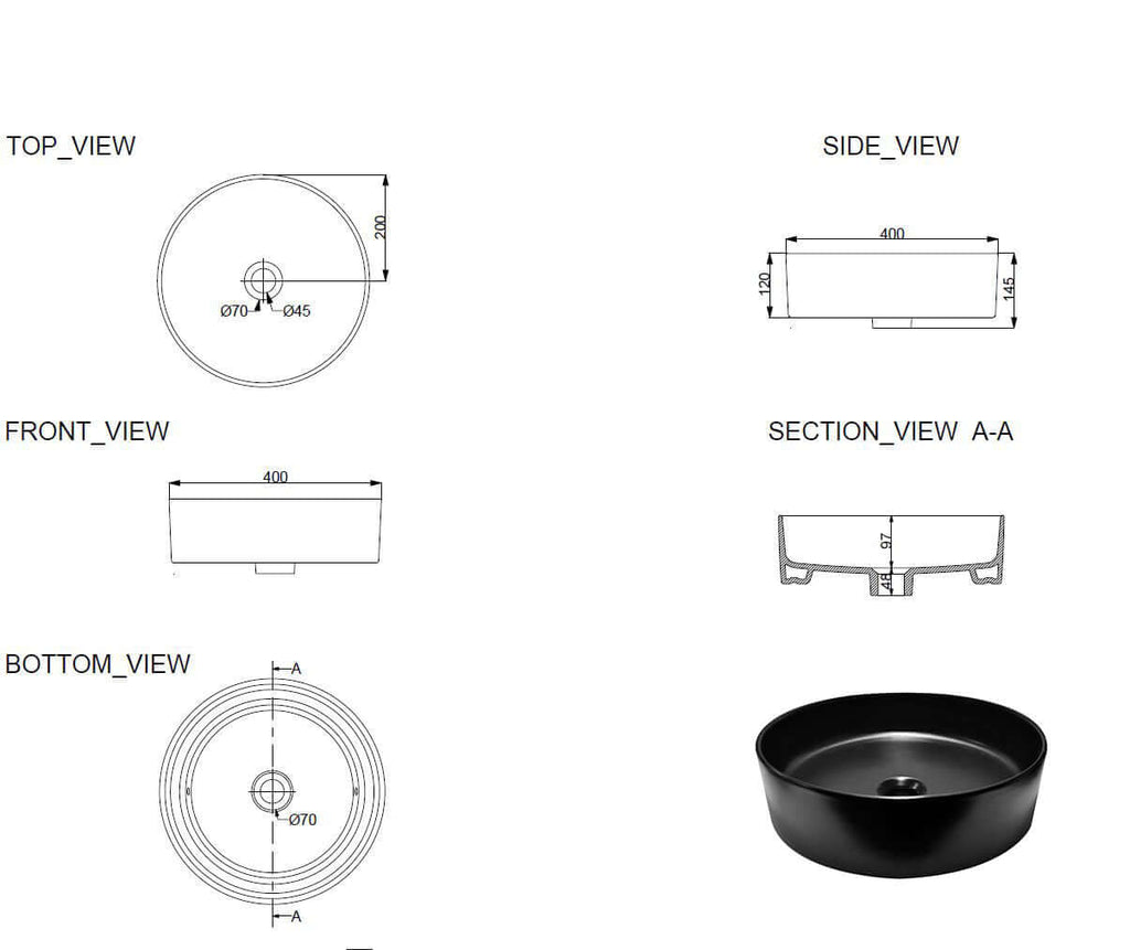 Technische tekeningen van Link Design Ronde Wastafel Wiesbaden 40 cm Zwart met verschillende perspectieven.