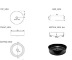 Technische tekeningen van Link Design Ronde Wastafel Wiesbaden 40 cm Zwart met verschillende perspectieven.