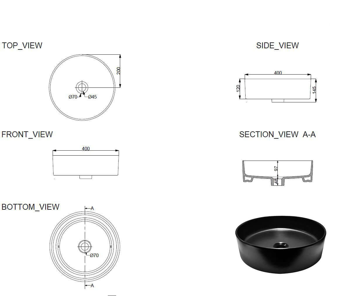 Technische tekeningen van Link Design Ronde Wastafel Wiesbaden 40 cm Zwart met verschillende perspectieven.