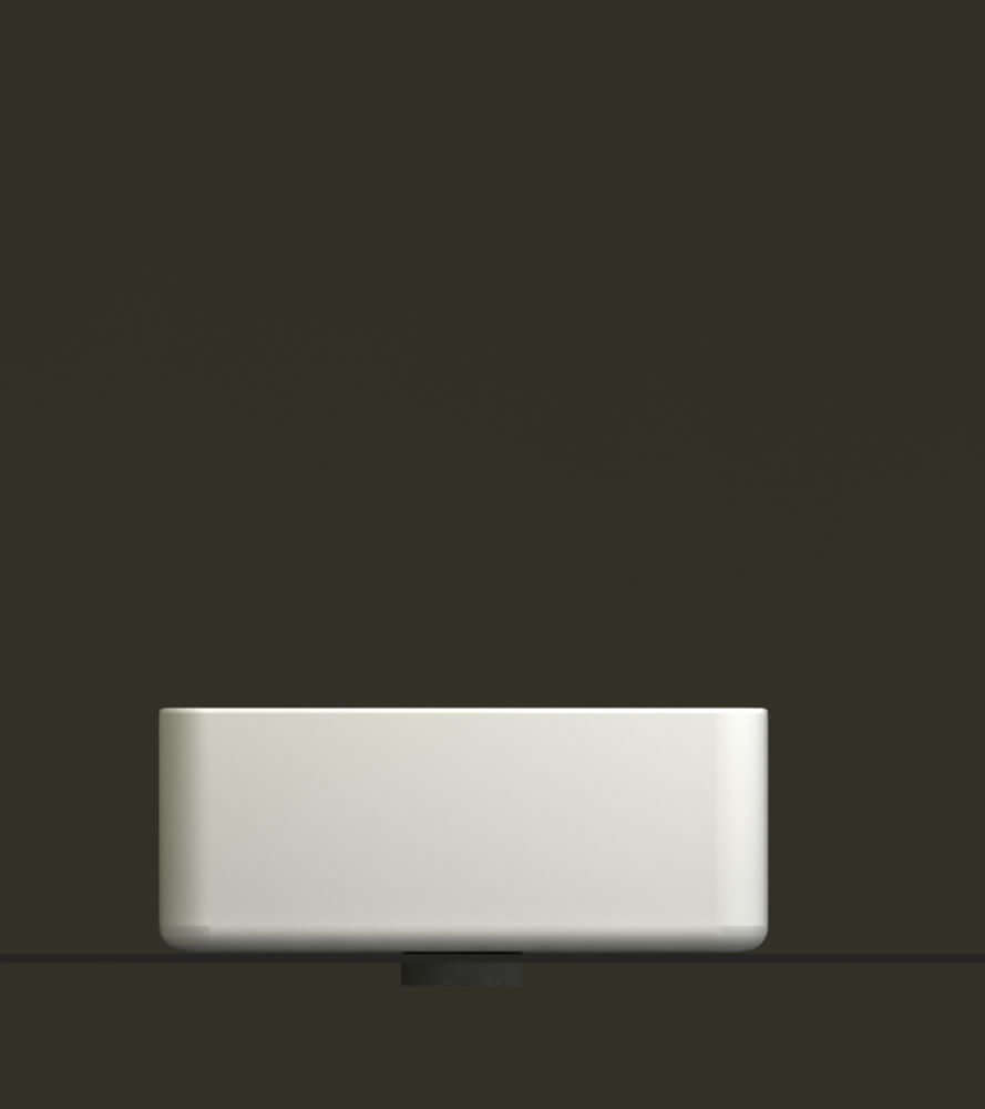 Link Design Wastafel Wiesbaden in wit, rechthoekig keramisch ontwerp op een donkere achtergrond.