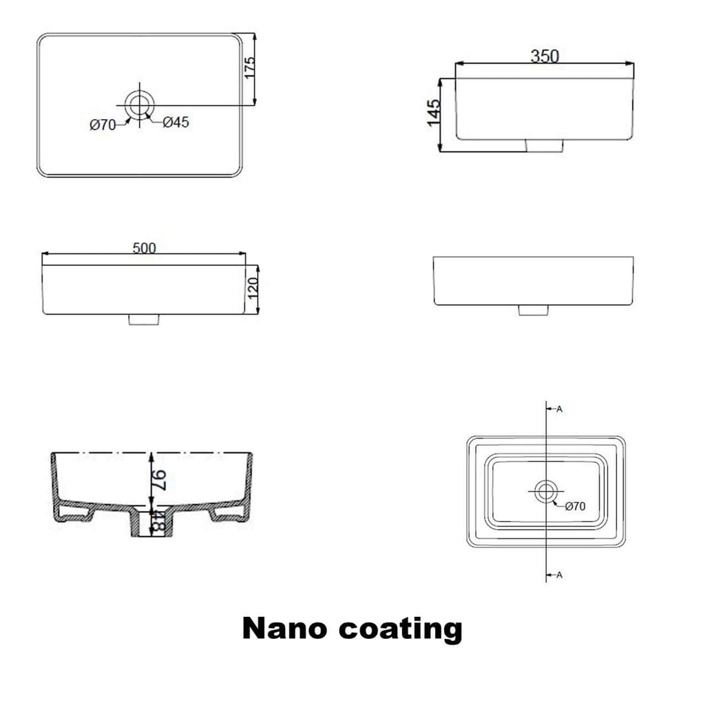 Technische tekening van Link Design Rechthoekige Wastafel Wiesbaden met nano coating en afmetingen.