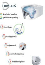 Flow Hangtoilet Wiesbaden Randloos Diepspoeling product image showing features and easy cleaning benefits.