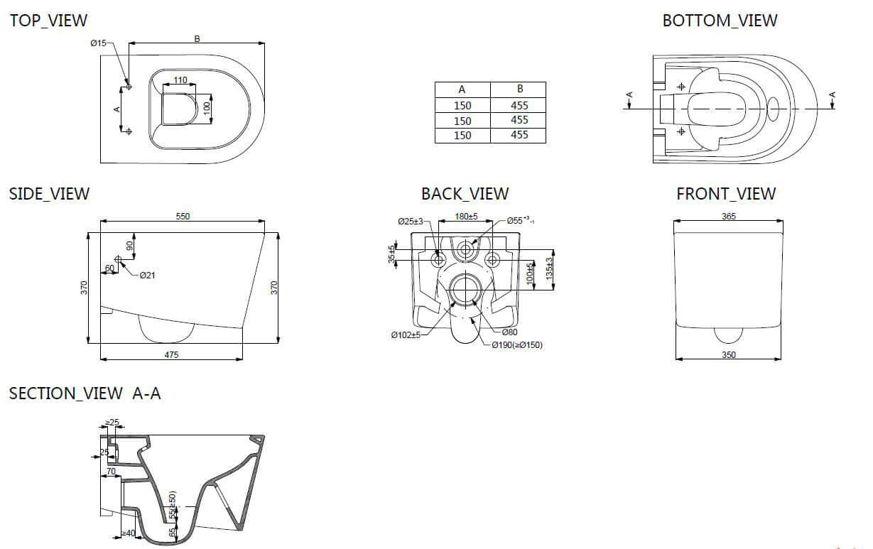 Technische tekeningen van Flow Hangtoilet Wiesbaden Randloos Diepspoeling, inclusief top-, zij-, voor-, achter- en doorsnedeweergaven.