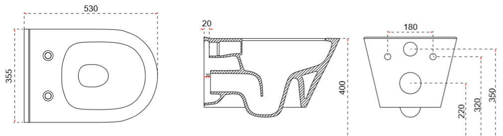  technische tekening van luxe randloos wandtoilet Wiesbaden 53 cm met bidetfunctie in matzwart