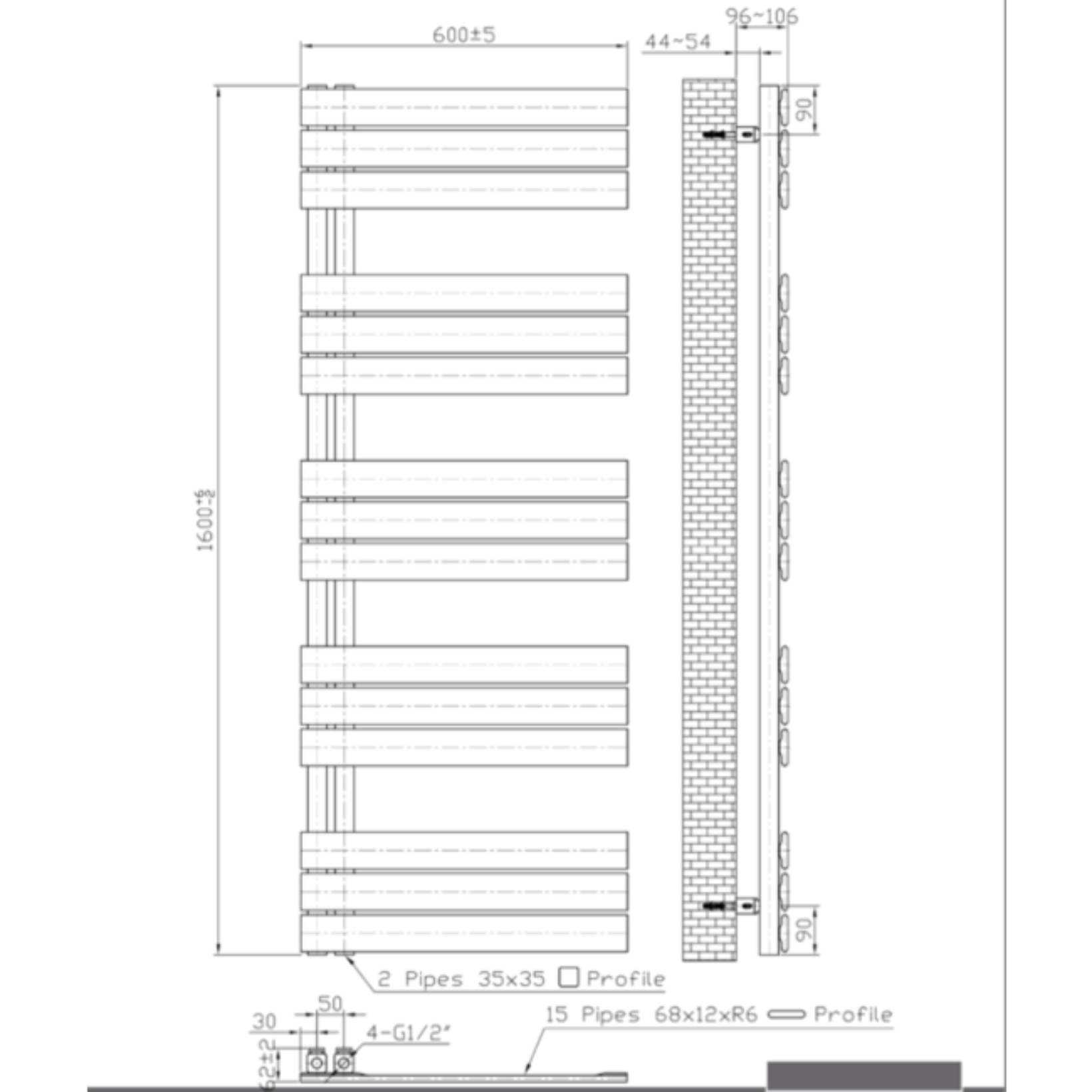 BELRAD Badkamer Radiator Mat Zwart – Linkeraansluiting/Combi