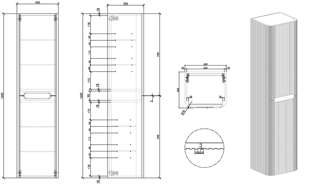 Sulora kolomkast afgeronde hoeken geribbeld 160 x 40 x 35 cm walnoot
