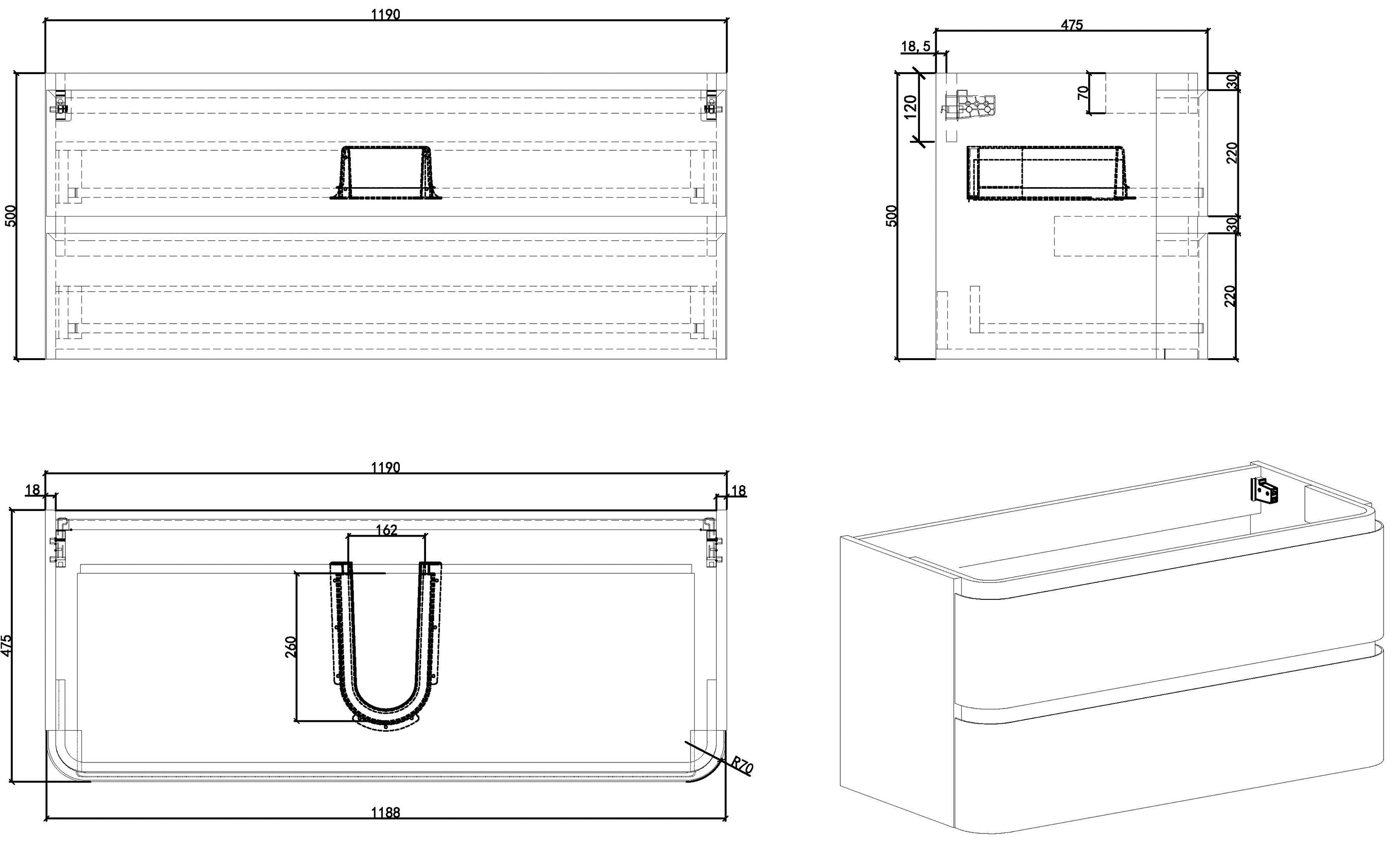 Novira onderkast afgeronde hoeken met 2 laden 1 uitsparing 120 x 48 cm mat wit