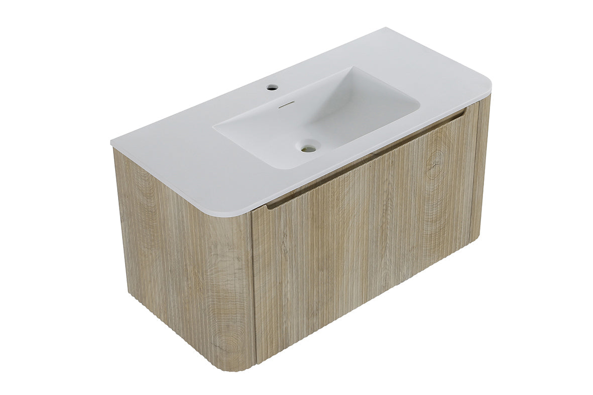 Sulora onderkast afgeronde hoeken geribbeld met 1 lade 1 uitsparing 100 x 48 cm licht eiken Secundaire afbeelding