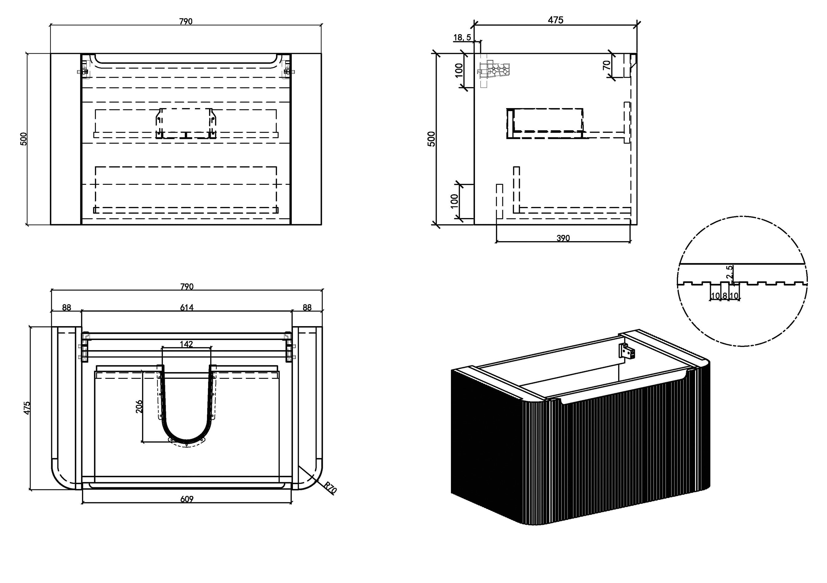 Sulora onderkast afgeronde hoeken geribbeld met 1 lade 1 uitsparing 80 x 48 cm walnoot