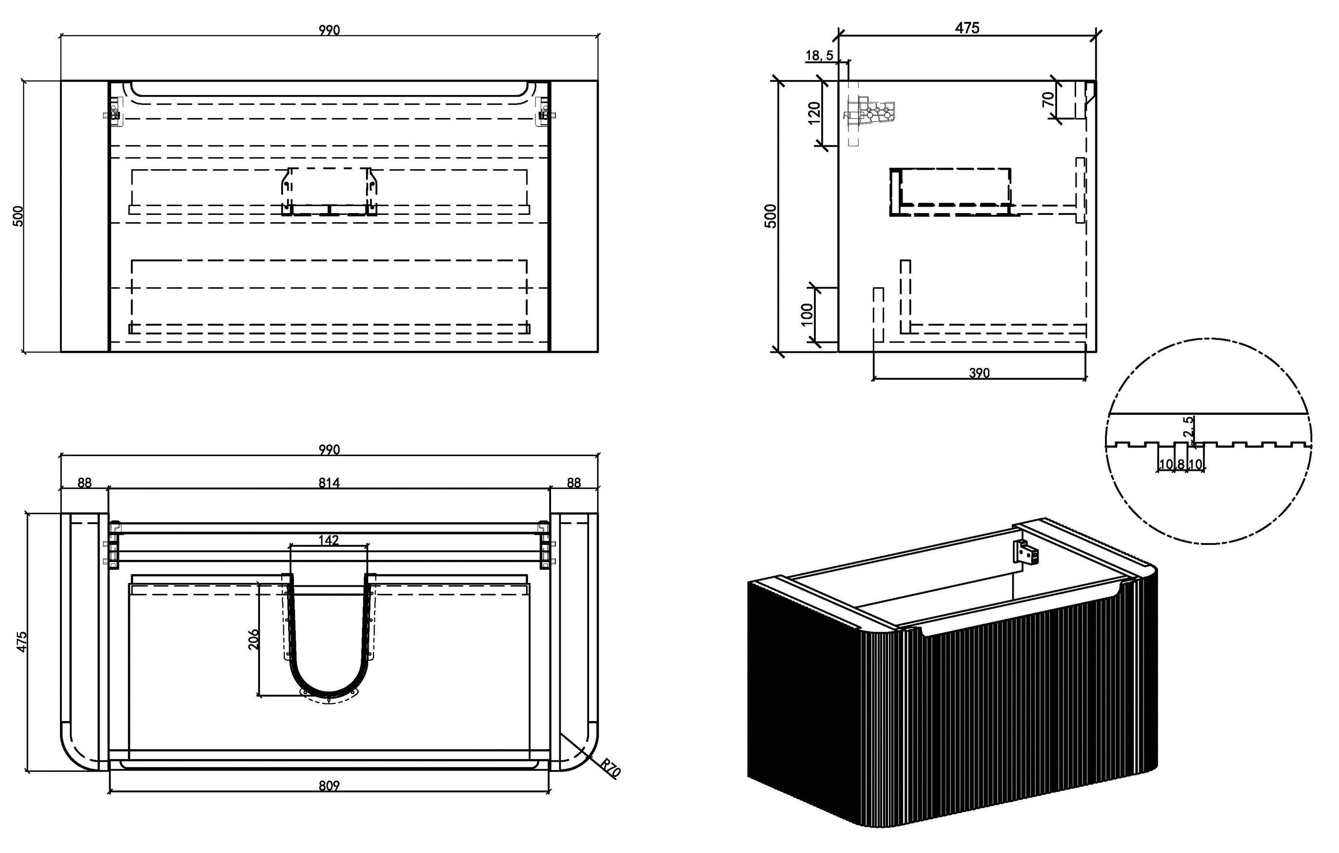Sulora onderkast afgeronde hoeken geribbeld met 1 lade 1 uitsparing 100 x 48 cm mat zwart