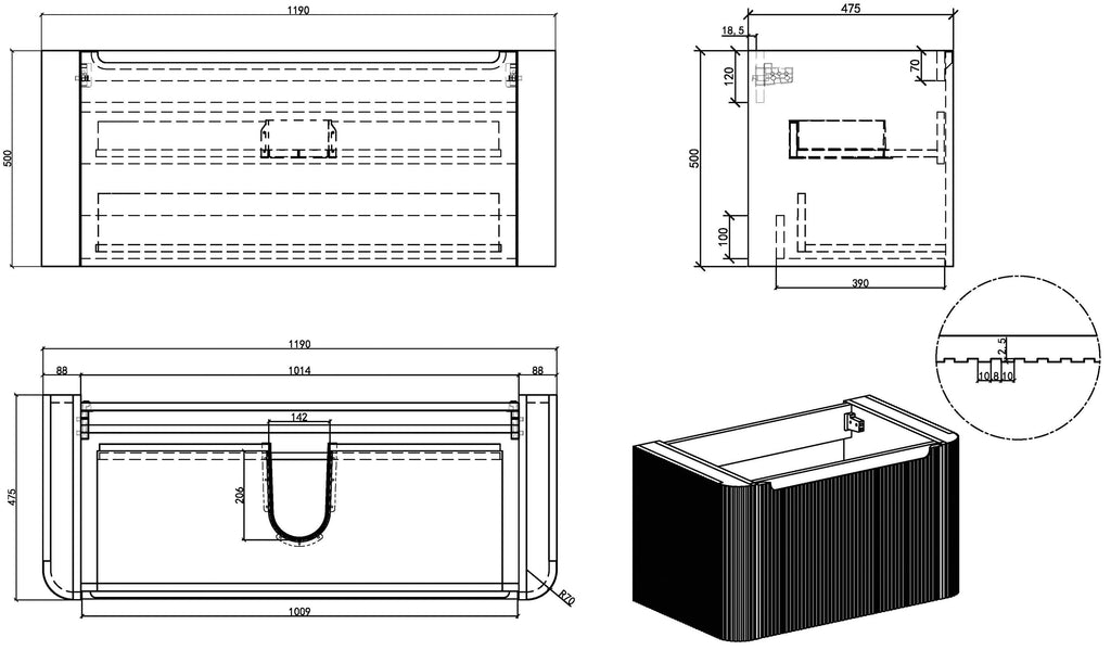 Sulora onderkast afgeronde hoeken geribbeld met 1 lade 1 uitsparing 120 x 48 cm mat zwart