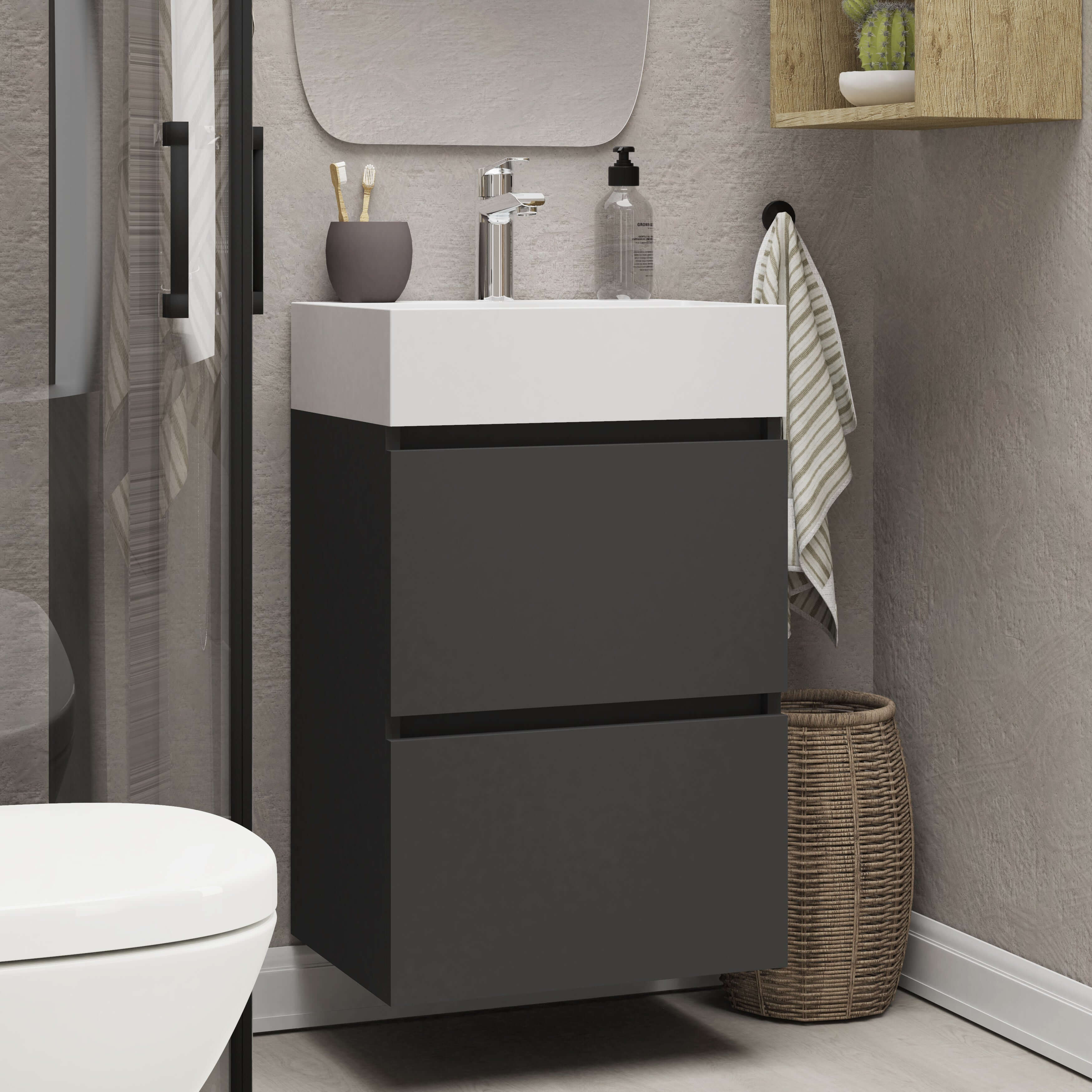 Mini onderkast met 2 laden 45 cm mat zwart en wastafel keramiek glans wit Secundaire afbeelding
