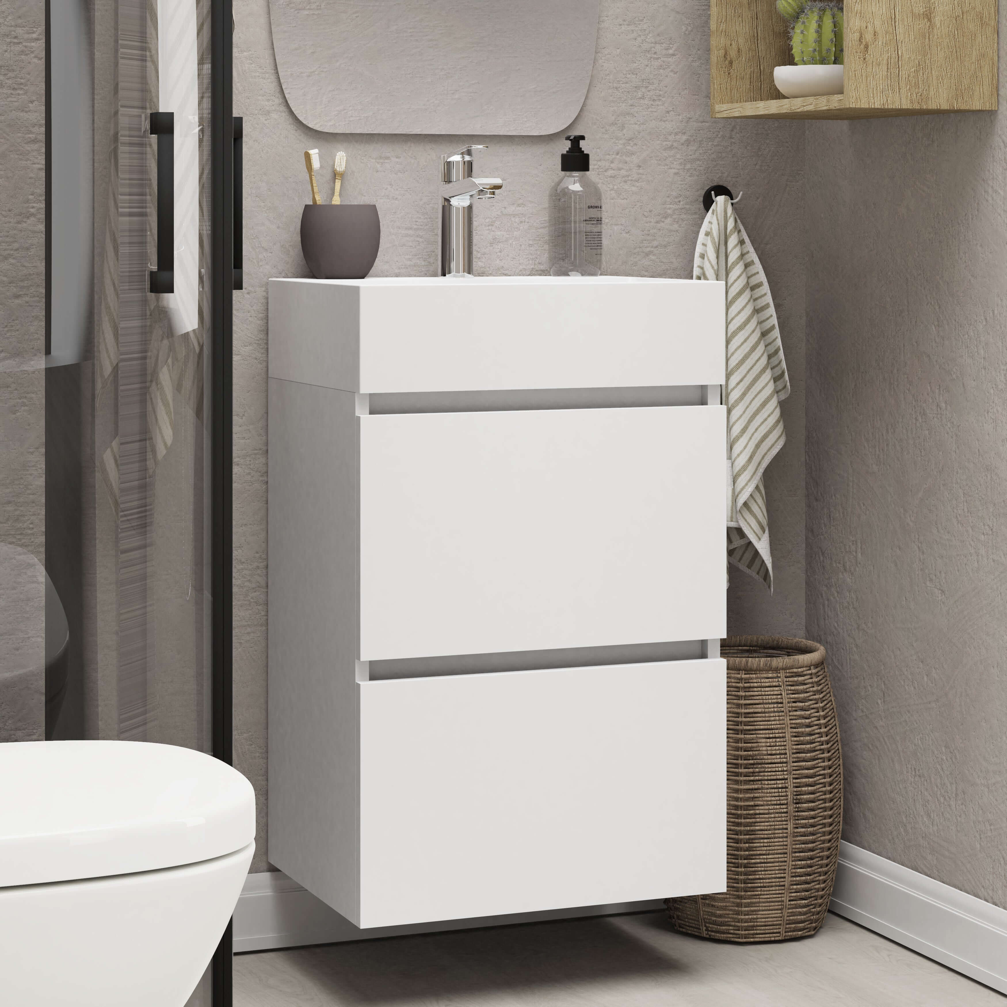 Mini onderkast met 2 laden 45 cm glans wit en wastafel keramiek glans wit Secundaire afbeelding