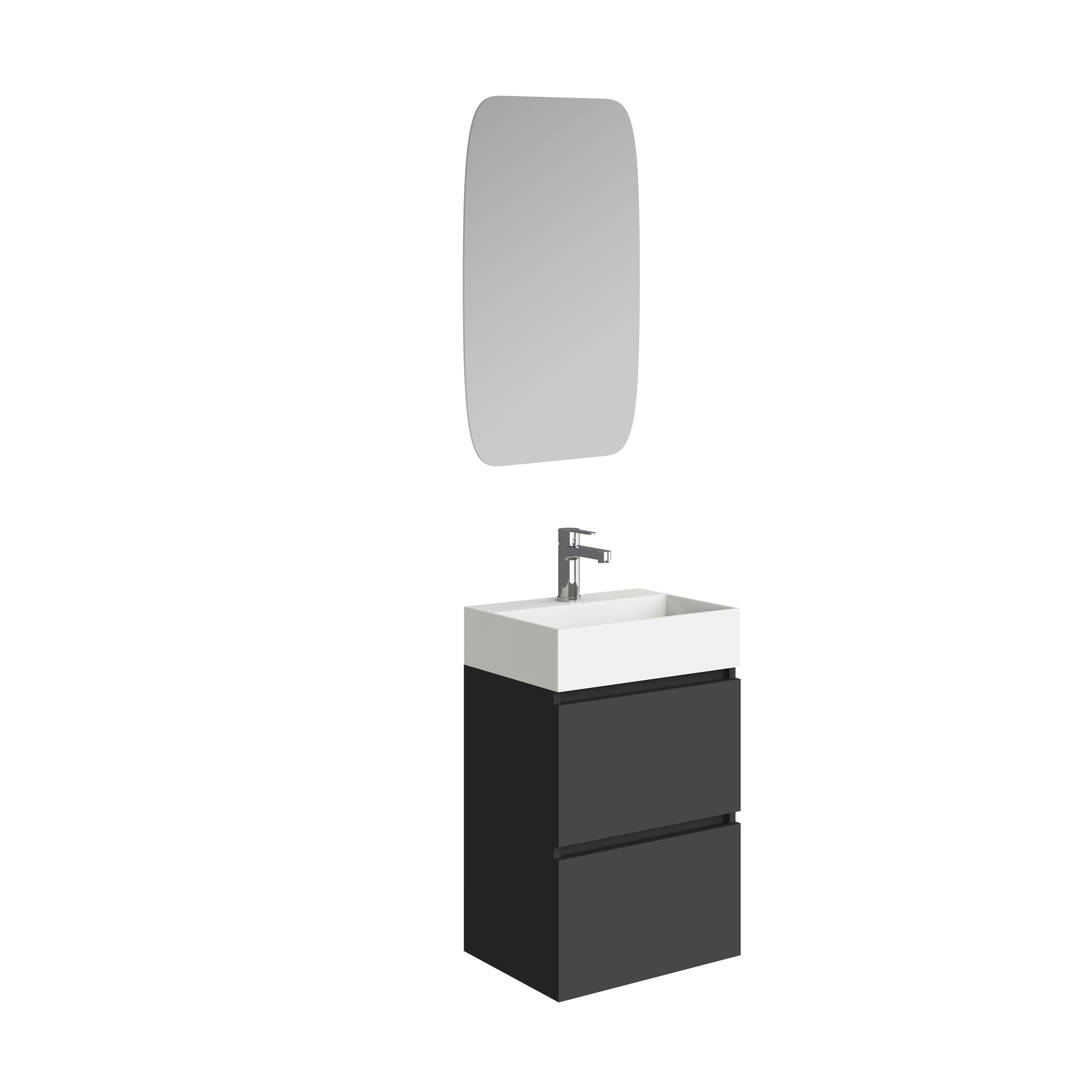 Mini onderkast met 2 laden mat zwart en wastafel keramiek glans wit 45 cm inclusief spiegel Hoofdafbeelding