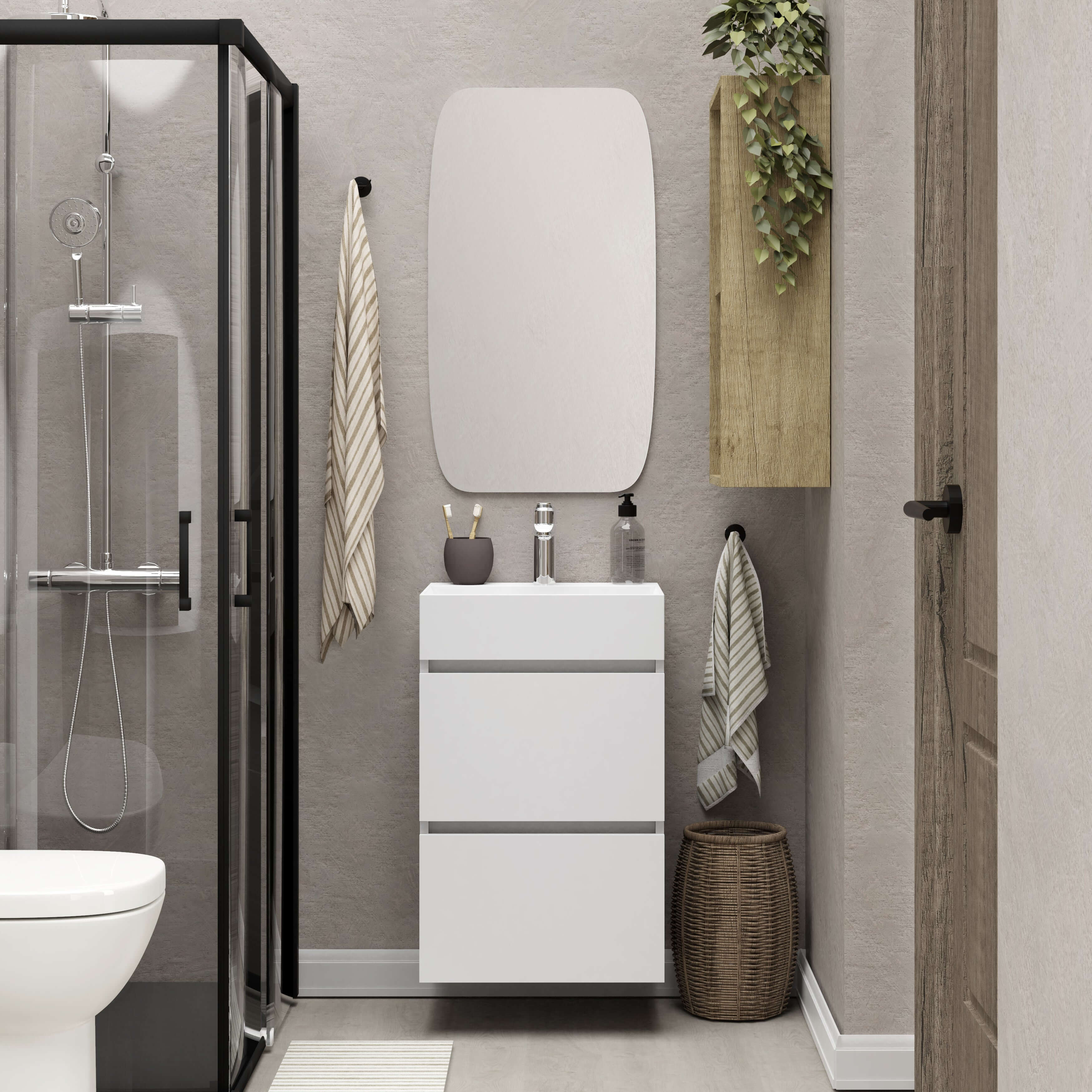 Mini onderkast met 2 laden glans wit en wastafel keramiek glans wit 45 cm inclusief spiegel Secundaire afbeelding