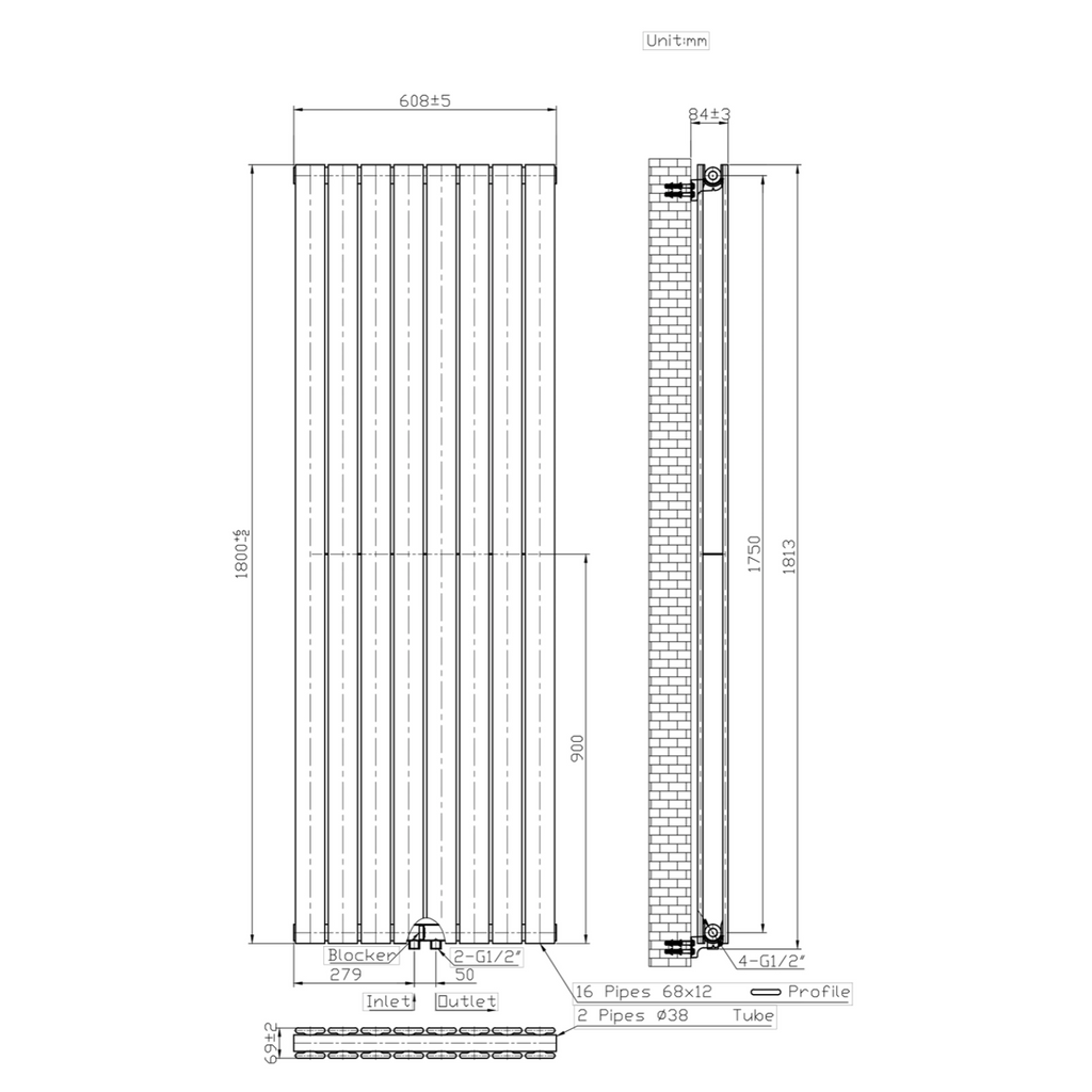 BELRAD Verticale designradiator dubbelzijdig – Middenaansluiting