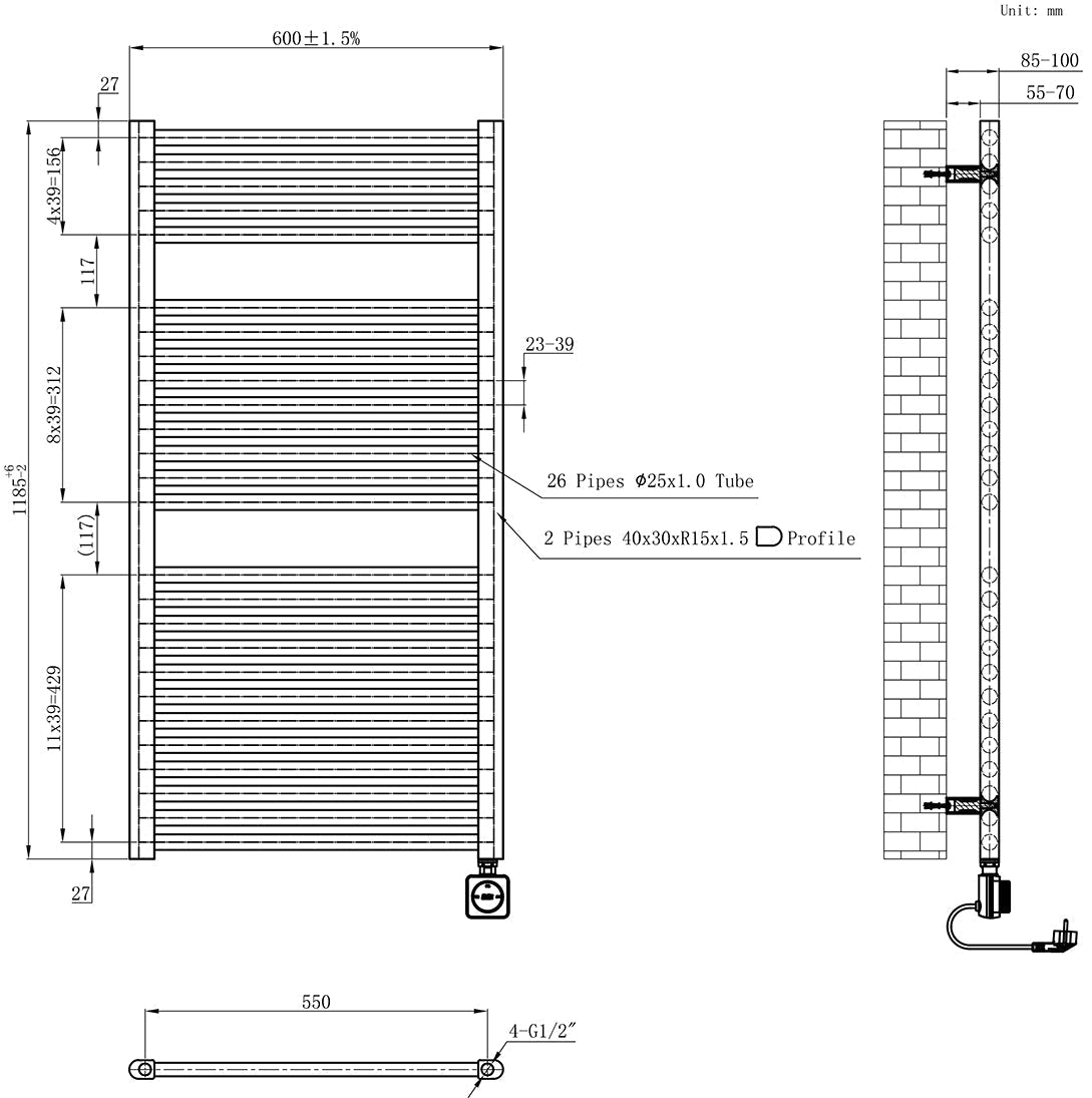 Elara elektrische radiator Smart WiFi 118,5 x 60 cm gunmetal PVD