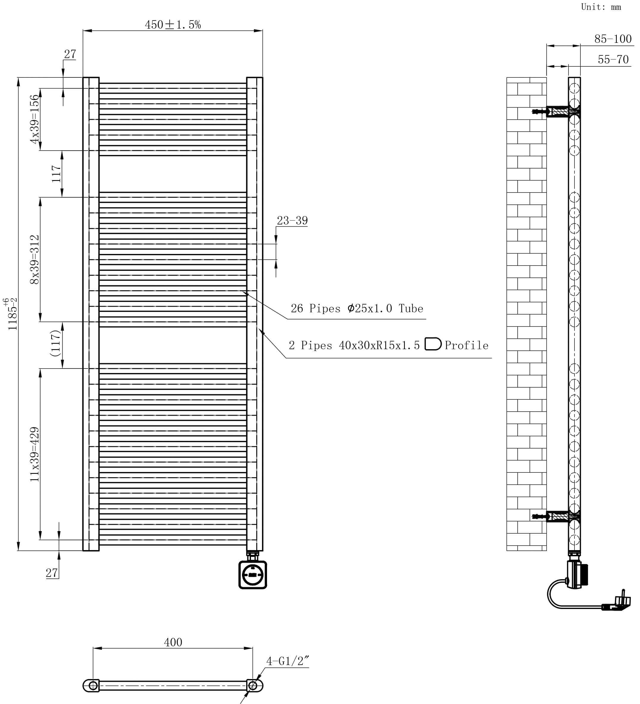 Elara Elektrische Radiator Wiesbaden 118,5X45 Cm met Smart Wifi