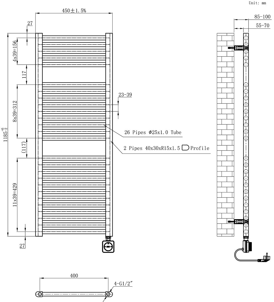 Elara elektrische radiator Smart WiFi 118,5 x 45 cm gunmetal PVD