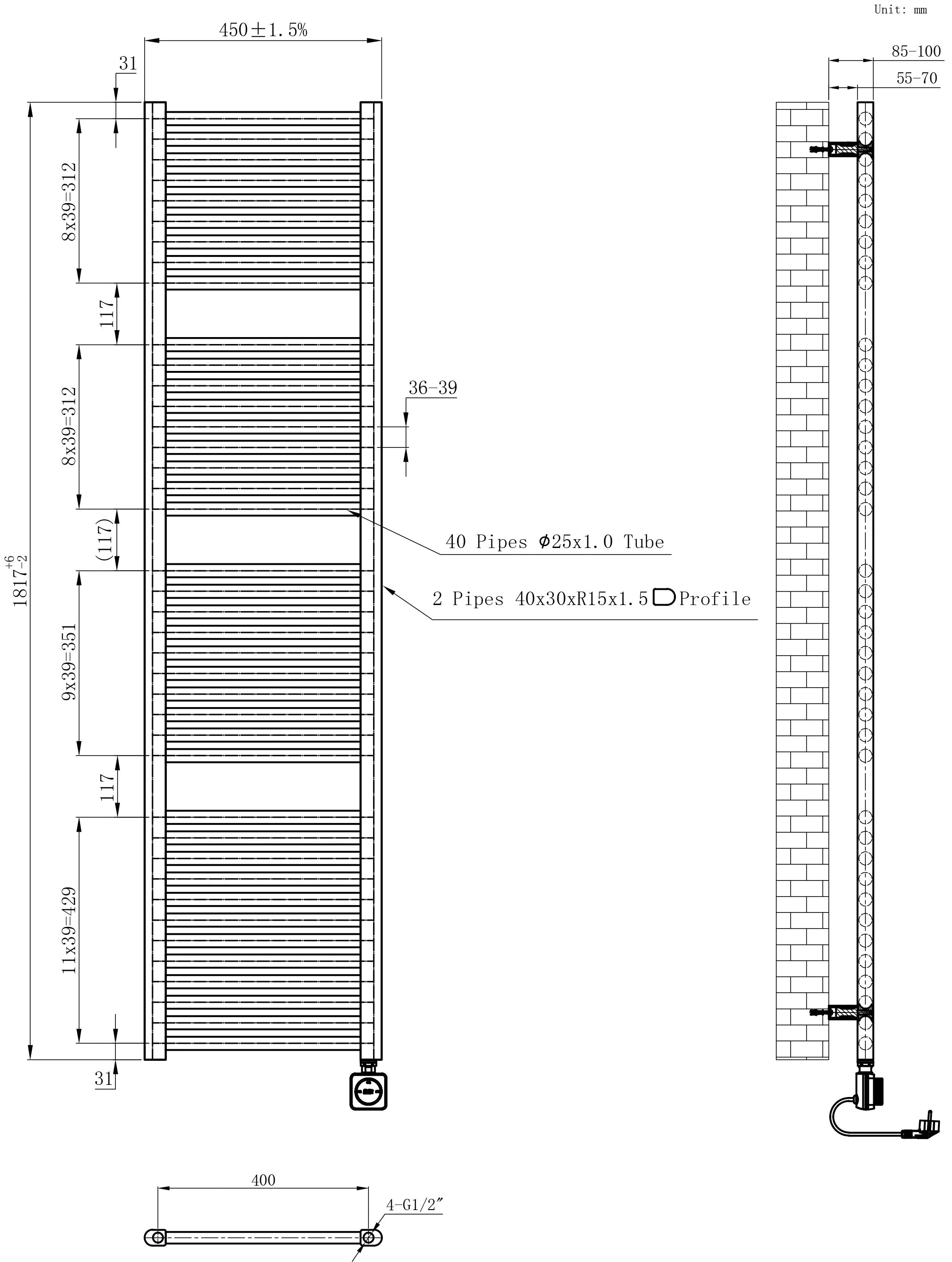 Elara elektrische radiator Smart WiFi 181,7 x 45 cm glans wit