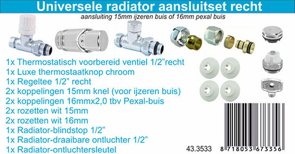Rechte Chromen Radiator Aansluitset t.b.v. Zijaansluiting, Wiesbaden