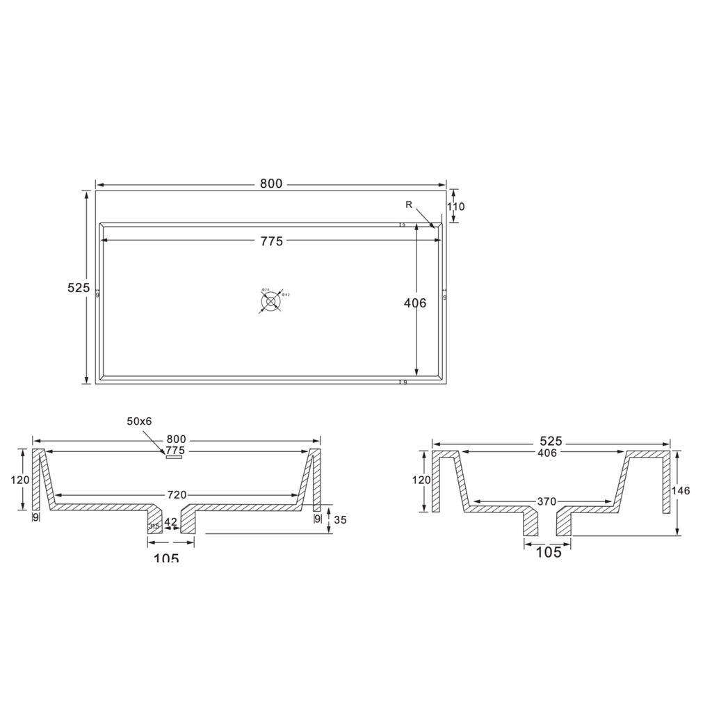 Wonda Square wastafel – 1 wasbak – zonder kraangat – kunstmarmer