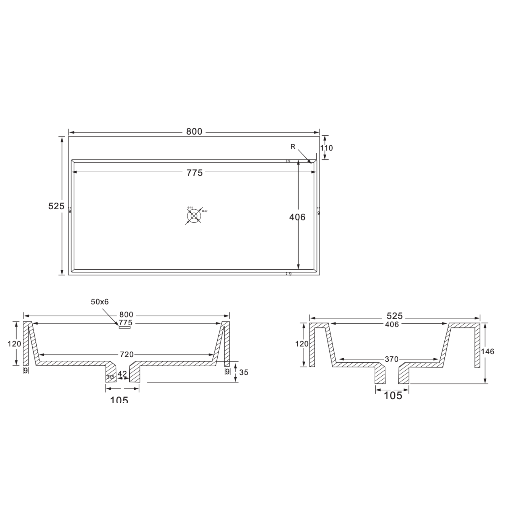 Wonda Square wastafel – 1 wasbak – zonder kraangat – kunstmarmer