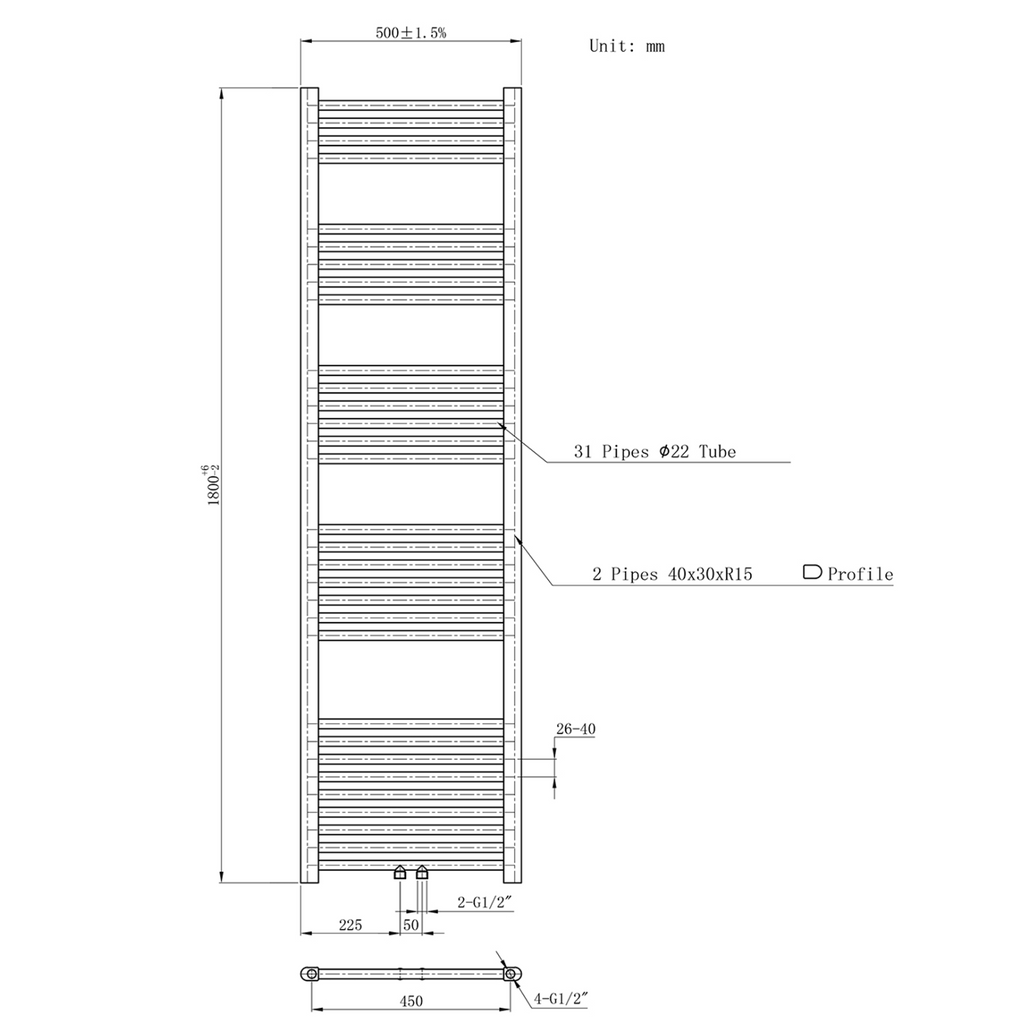 BELRAD Badkamer Radiator Zwart Mat Geborsteld – Middenaansluiting