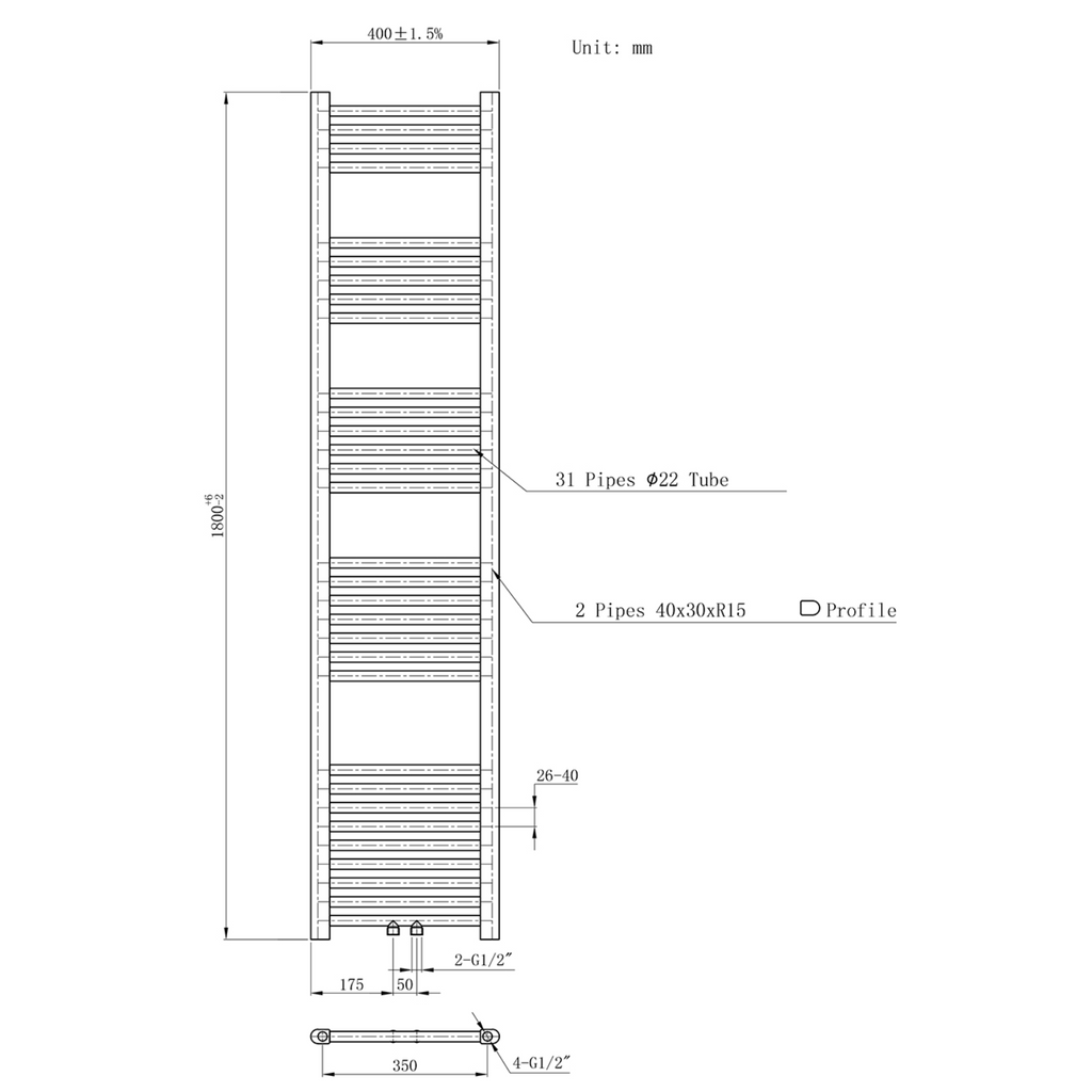 BELRAD Badkamer Radiator Zwart Mat Geborsteld – Middenaansluiting